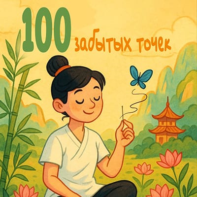 Cover illustration of the book “100 забытых точек” by Maria van Bruggen, showing a Taoist doctor holding an acupuncture needle in a bright cartoon-style landscape.